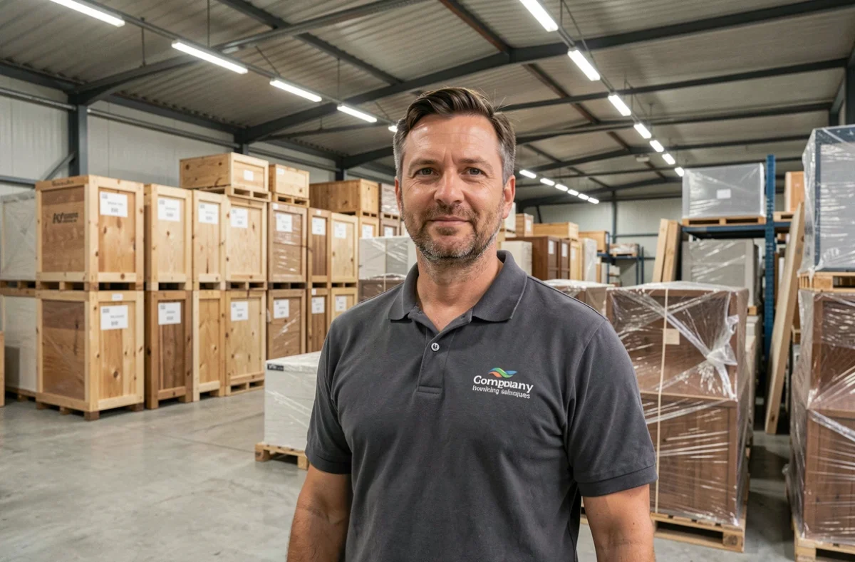 Responsable d'ABDS devant des rangées de caisses en bois et meubles emballés dans un entrepôt de stockage organisé dans les Pyrénées-Atlantiques