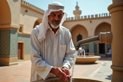 Homme effectuant les ablutions avant la salat dans la cour d'une mosquée à Toulon