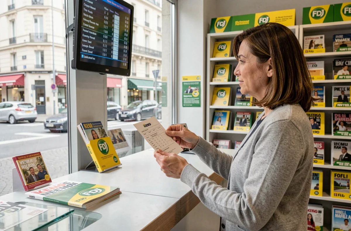 Femme achetant un ticket Keno dans un bureau de tabac parisien avec affichage des résultats FDJ