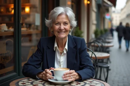 Portrait d'une actrice française élégante à la terrasse d'un café parisien, évoquant la discrétion et le charme de la scène culturelle française