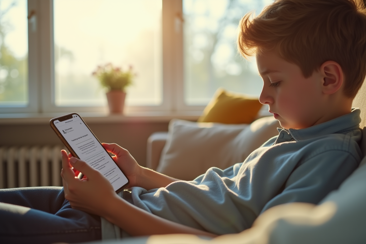 Adolescent allongé sur un canapé avec un smartphone et des flashcards