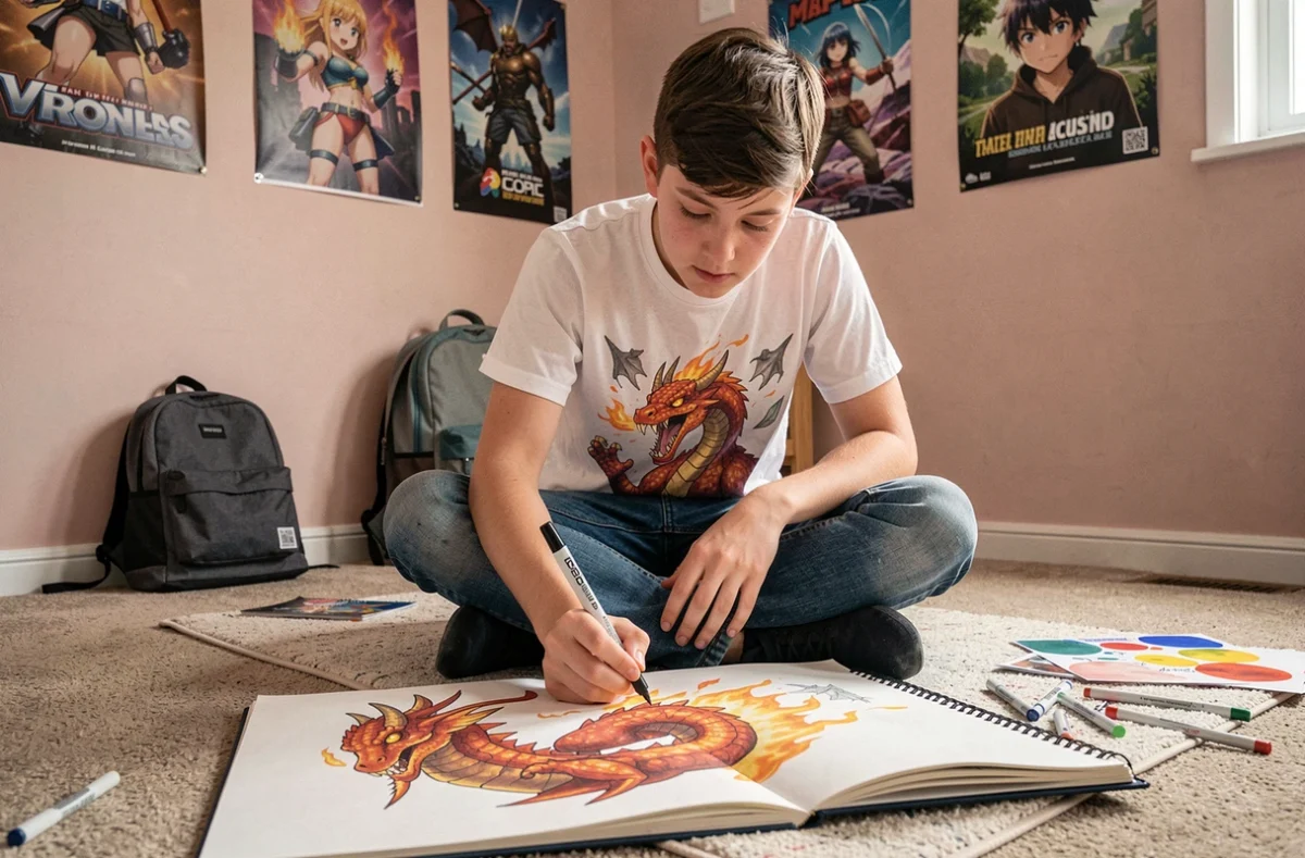 Adolescent coloriant un dessin de dragon type Dracaufeu sur un cahier de croquis posé au sol dans sa chambre
