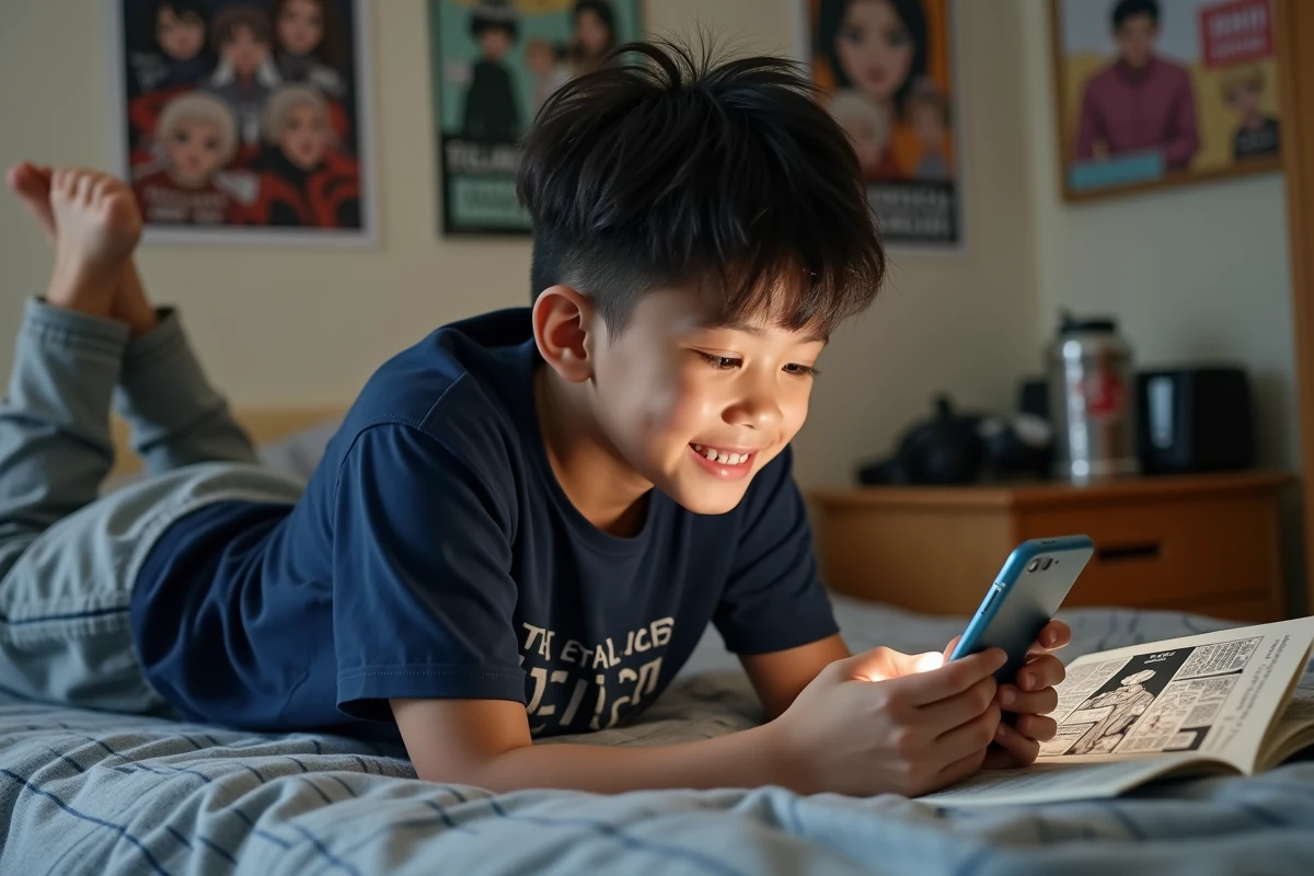 Adolescent allongé sur son lit lisant des chapitres de manga en avance sur smartphone dans sa chambre