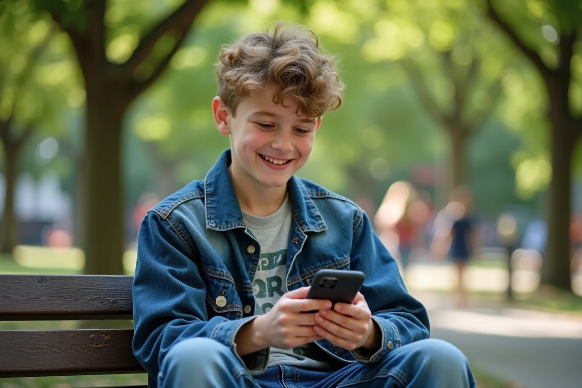 Adolescent souriant sur un banc dans un parc