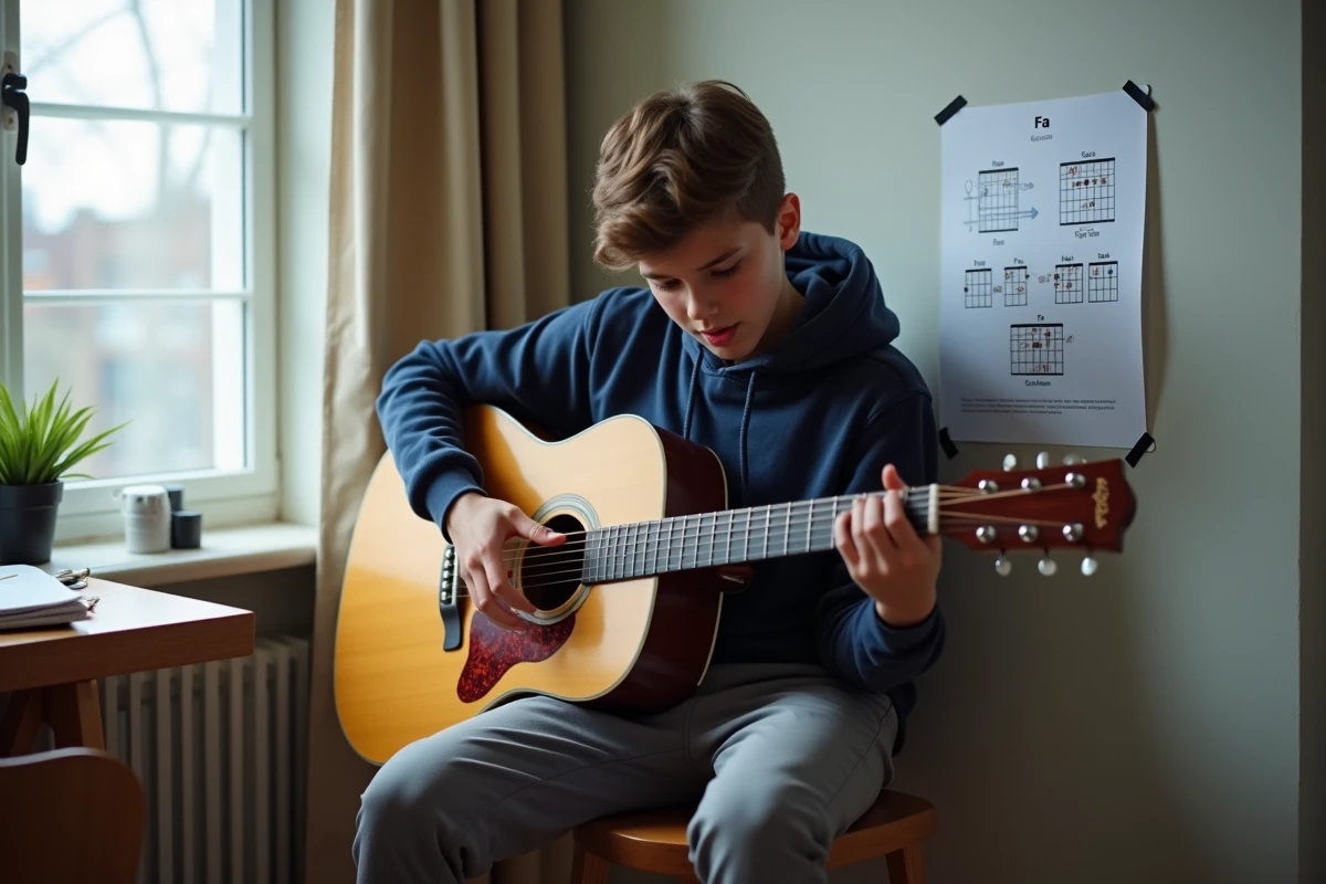 Adolescent débutant qui apprend à jouer un accord de guitare avec une fiche d'accords affichée au mur dans sa chambre