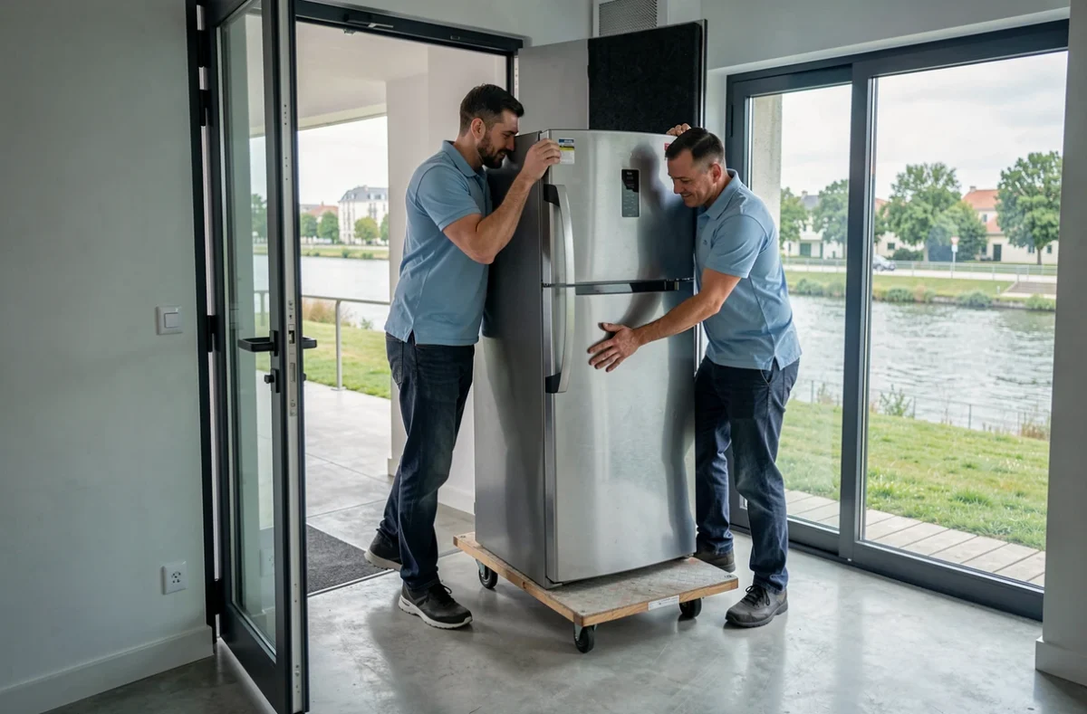 Déménageurs d'Adour Déménagement manœuvrant un réfrigérateur dans un couloir étroit d'un immeuble moderne au bord de l'Adour à Bayonne