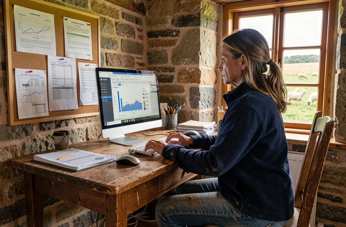 Agricultrice analysant des données d'élevage sur ordinateur dans un bureau de ferme rustique