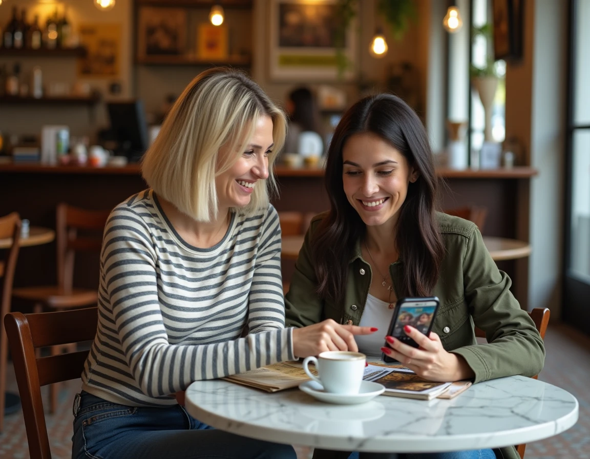 Deux femmes discutant de séries espagnoles autour d'un café dans un bar typiquement espagnol