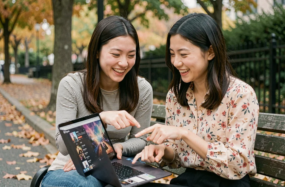 Deux amies fans de K-pop utilisant une plateforme de streaming coréenne ensemble sur un banc de parc en automne