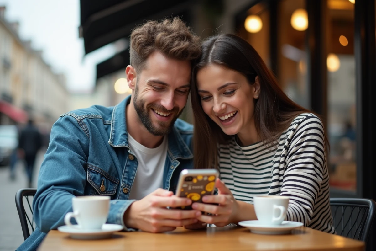 Deux amis regardant ensemble un lien de tour gratuit Coin Master sur smartphone en terrasse de café