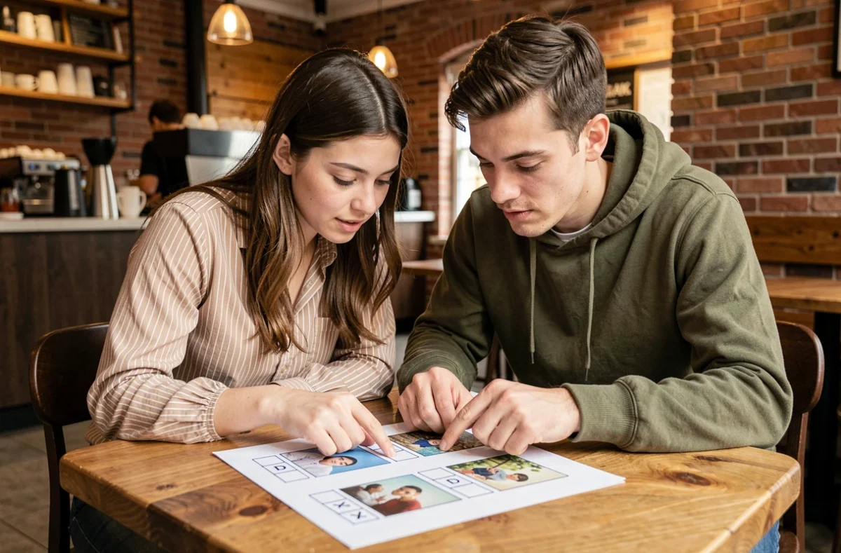 Deux amis collaborant pour trouver la solution d'un jeu 4 images 1 mot à 7 lettres dans un café urbain