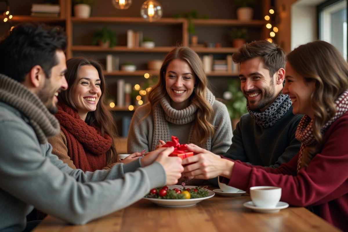 Groupe d amis échangeant des cadeaux d hiver