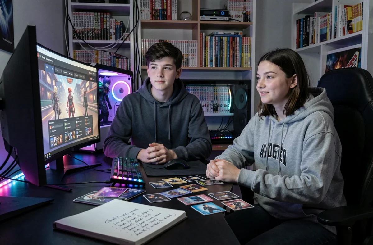 Deux amis gamers consultant des codes pour un jeu anime sur leur setup de gaming avec des notes manuscrites