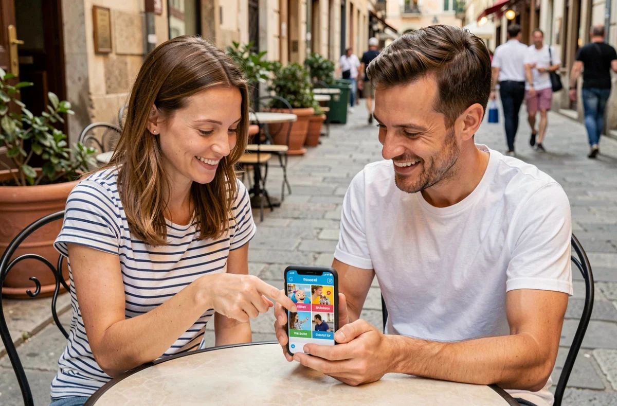 Deux amis résolvant ensemble une énigme 4 images 1 mot à la terrasse d'un café