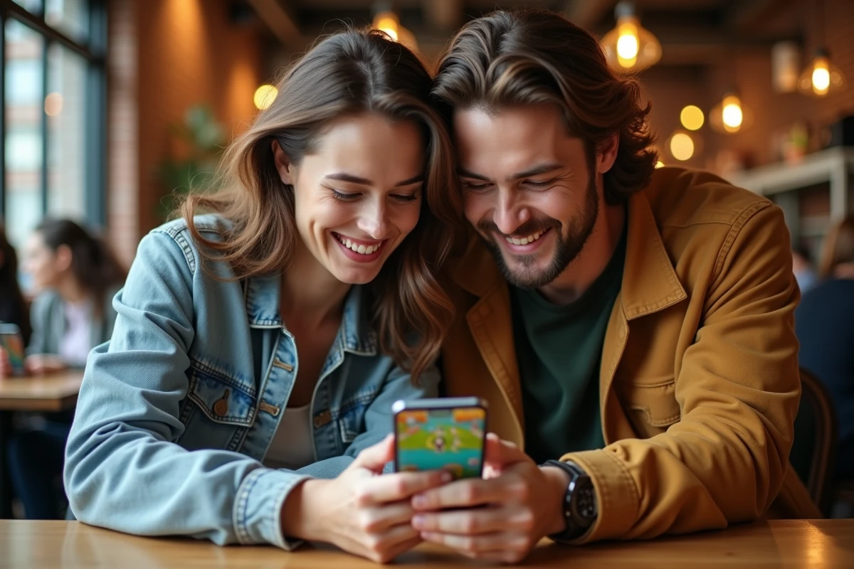Deux amis partageant un lien dés gratuit Monopoly Go sur smartphone dans un café branché