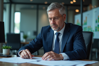 Analyste bancaire en costume navy examine des documents financiers
