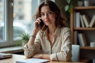 Femme utilisant un smartphone pour passer un appel international vers l'Italie depuis un bureau à domicile