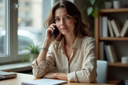 Femme utilisant un smartphone pour passer un appel international vers l'Italie depuis un bureau à domicile