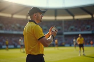 Arbitre de rugby tenant un chronomètre sur le terrain