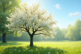 Arbre en fleurs blanches dans un pré ensoleille avec ciel bleu