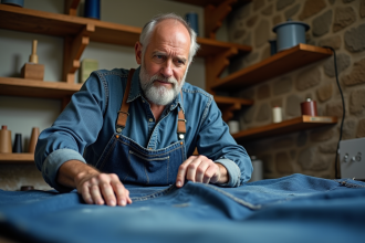 Artisan denim homme inspectant un tissu dans un atelier ancien