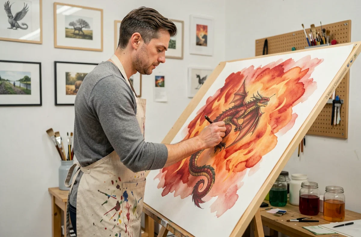Artiste adulte travaillant sur une grande illustration de dragon en aquarelle et encre dans un studio organisé