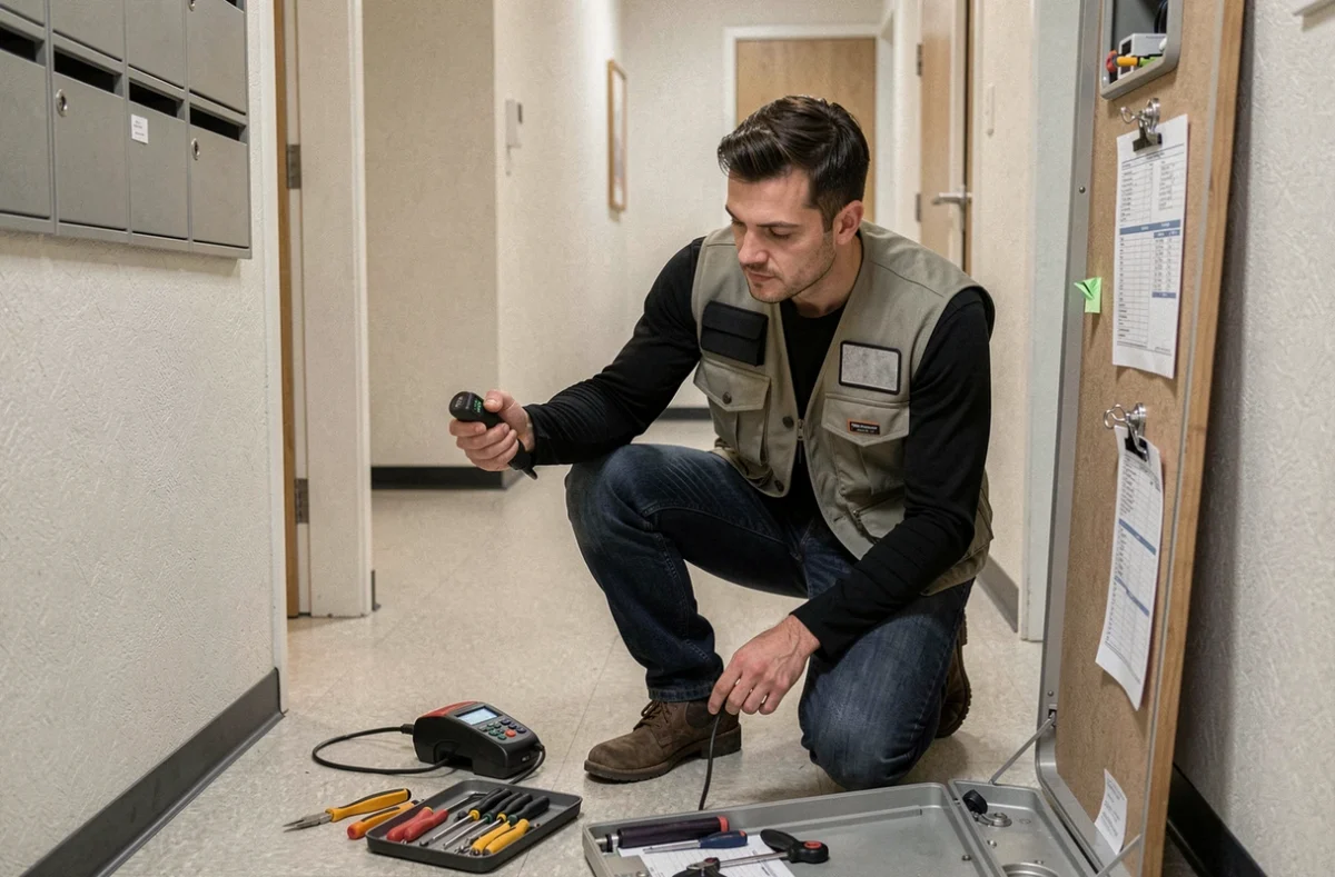 Technicien polyvalent d'Assistance Multi Service Serrurerie EURL intervenant dans un couloir d'immeuble résidentiel