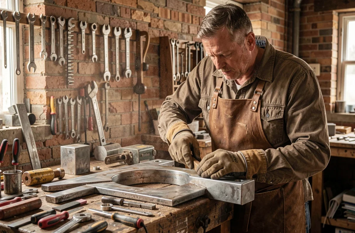 Artisan de l'Atelier Saunier Thomas façonnant une pièce métallique dans un atelier de métallerie et serrurerie