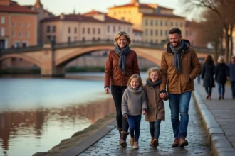 Famille se promenant sur les berges de la Garonne à Toulouse au crépuscule avec le Pont Neuf en arrière-plan