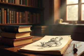 Salle de bibliothèque vintage avec livres et croquis de personnages