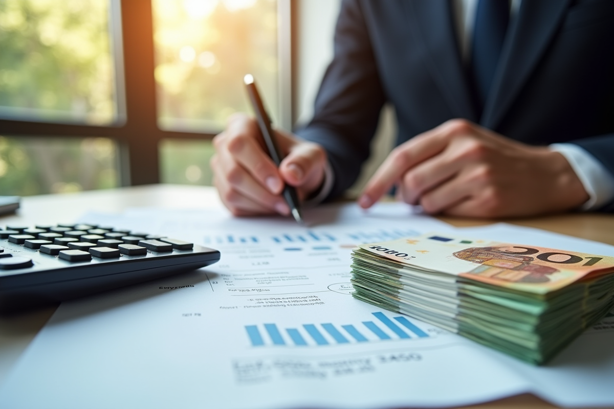 Tas de billets euros avec calculatrice dans un bureau élégant