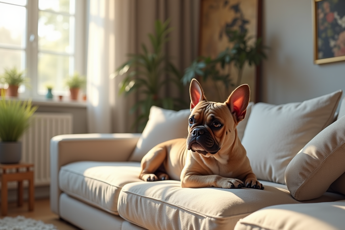 Petit bulldog francais reposant dans un salon moderne et lumineux