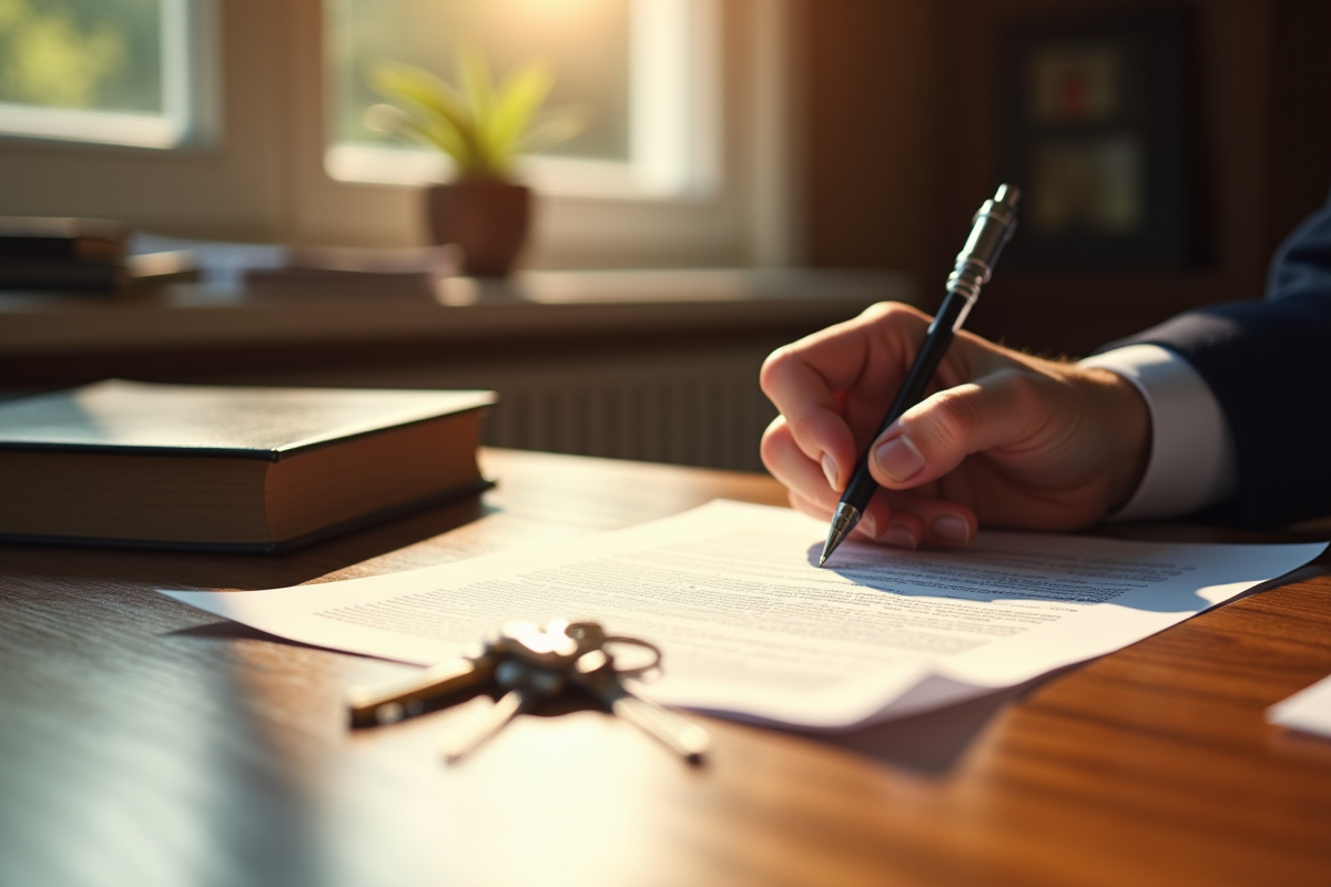 Bureau notaire français avec signature de document immobilier