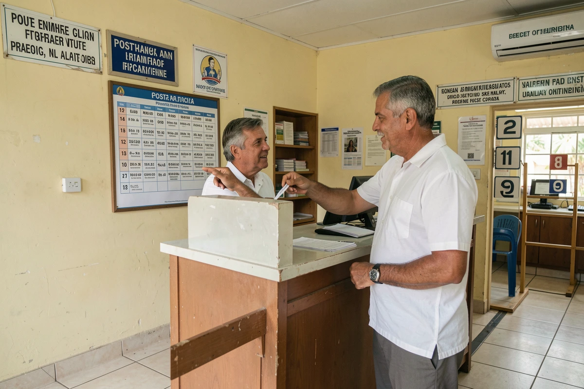 Homme consultant un tableau de codes postaux mauriciens dans un bureau de poste officiel