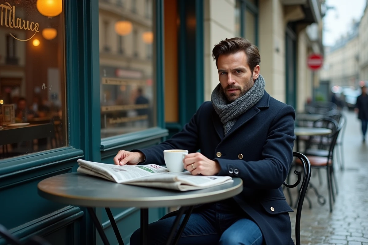 Homme nouvel arrivant à Paris savourant un café en terrasse et lisant le journal, adoptant la civette du café quotidien parisien