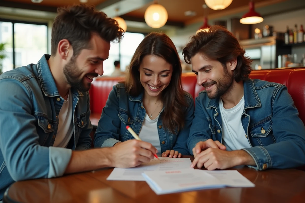 Groupe d'amis discutant du montant du pourboire sur l'addition dans un restaurant