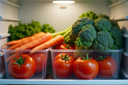 Carottes tomates et brocoli dans un réfrigérateur moderne