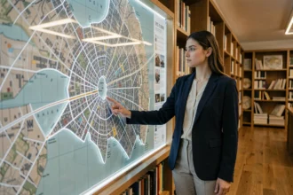 Femme étudiant une carte murale de Paris dans une bibliothèque moderne pour comprendre la superficie de la ville