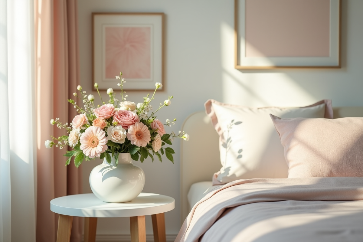 Chambre chaleureuse avec fleur en T sur la table de nuit