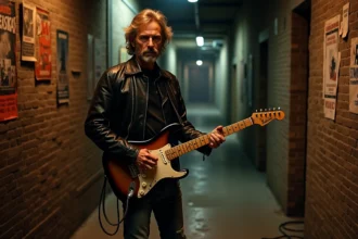 Guitariste rock américain vétéran en coulisses avec une guitare électrique vintage et une veste en cuir noir usée