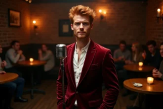 Chanteur roux aux cheveux auburn en blazer bordeaux sur scène dans un club de jazz intimiste