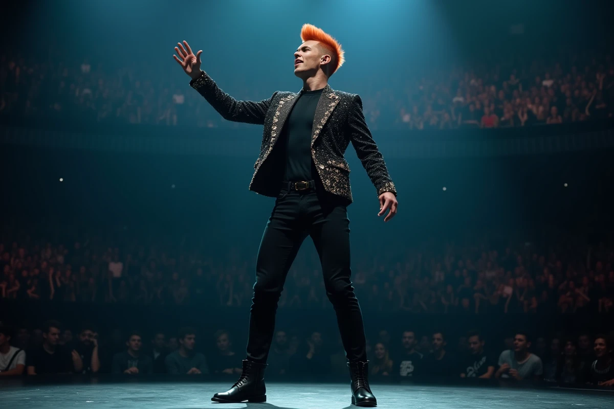 Chanteur roux flamboyant en veste à sequins sur une grande scène de concert