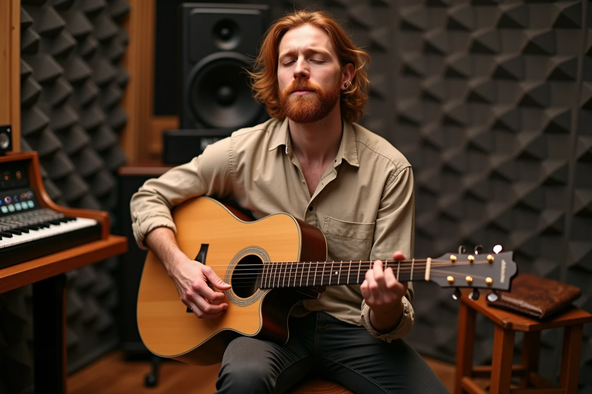 Chanteur roux naturel en studio d'enregistrement avec une guitare acoustique sur un tabouret en bois