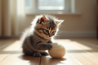 Chaton angora gris jouant avec une boule de laine