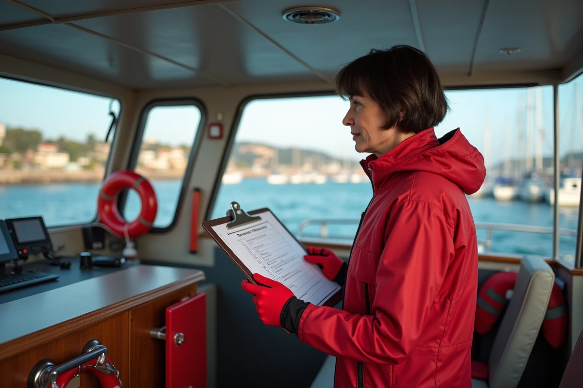 Femme nautiste consultant une check-list de sécurité dans le cockpit d'un bateau à moteur avant une sortie en mer au port