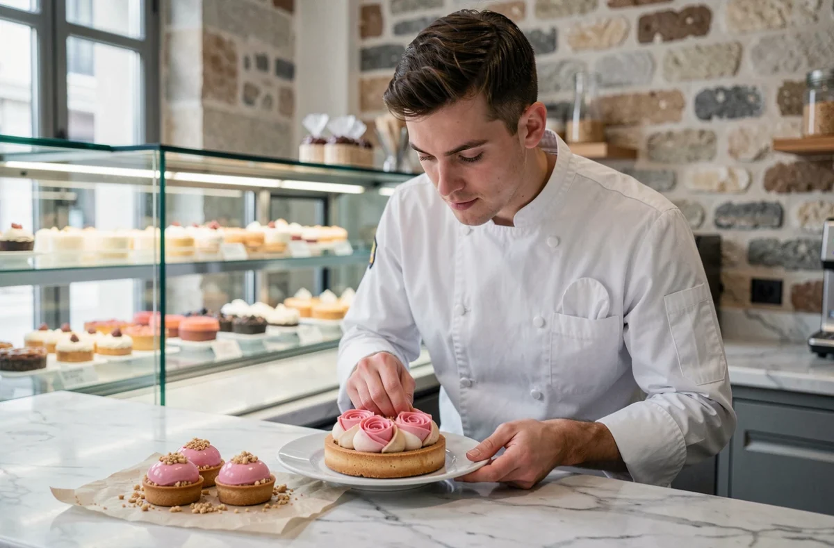 Chef pâtissier lyonnais dressant une tarte aux pralines roses dans une pâtisserie contemporaine