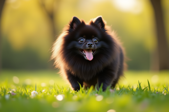 Pomeranian noir joueur dans un parc ensoleille avec fleurs