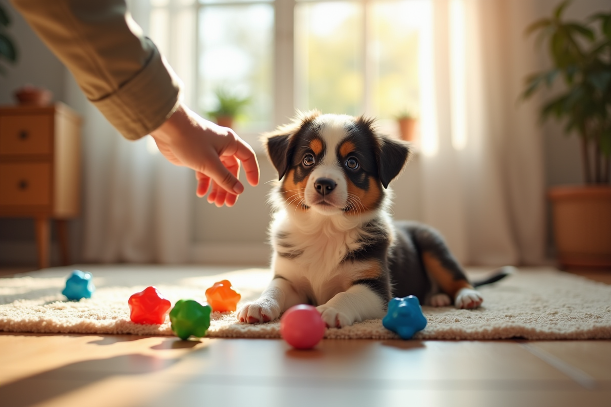 Chiot australian shepherd au repos avec jouets à la maison