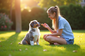 Chiot australian shepherd souriant en extérieur avec une femme