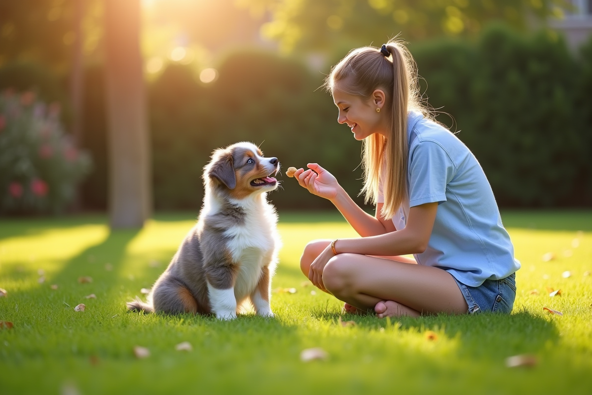 Chiot australian shepherd souriant en extérieur avec une femme